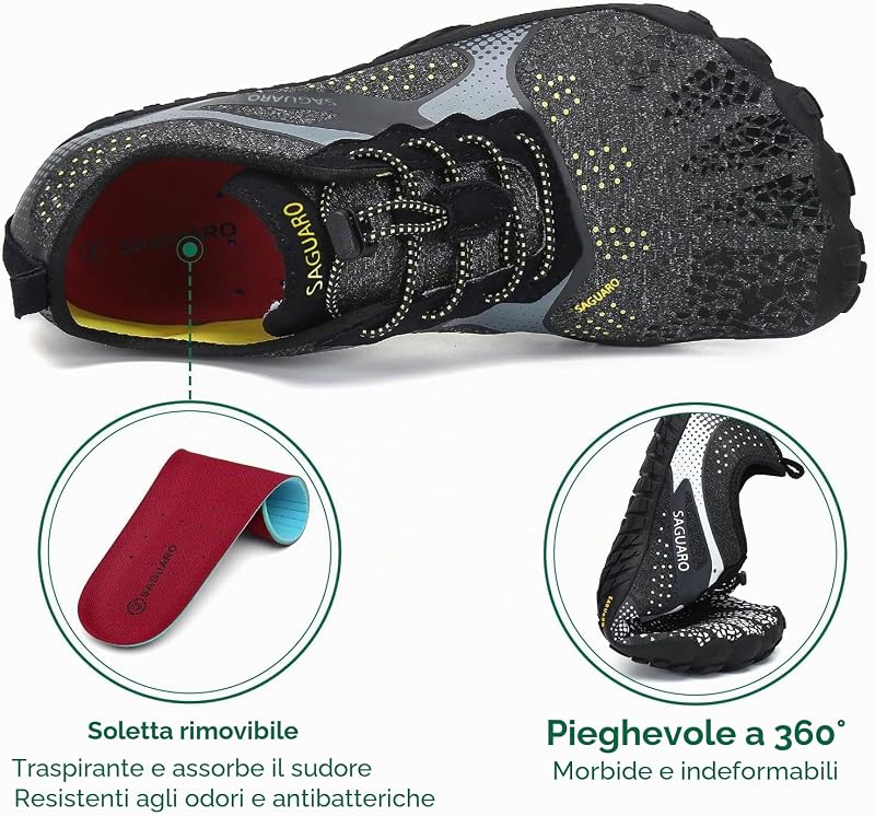 Barefoot Shoes Uomo Donna Scarpe Barefoot - Scarpe Minimaliste Scarpe da Palestra - Traspiranti Scarpe da Scoglio - Punta Larga e Suola a Goccia Zero Nero Fumoso, Gr.45 EU
