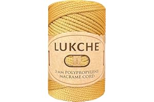 Lukche 3mm Premium Polyester Macrame Cord (147 Yards) 100% Polypropylene Premium Macrame Rope, Colorful Yarn Crochet Macrame Bag Craft for Wall Hangers, Bags, Bottom Plates, Carpets (Gold, 1 Skein)