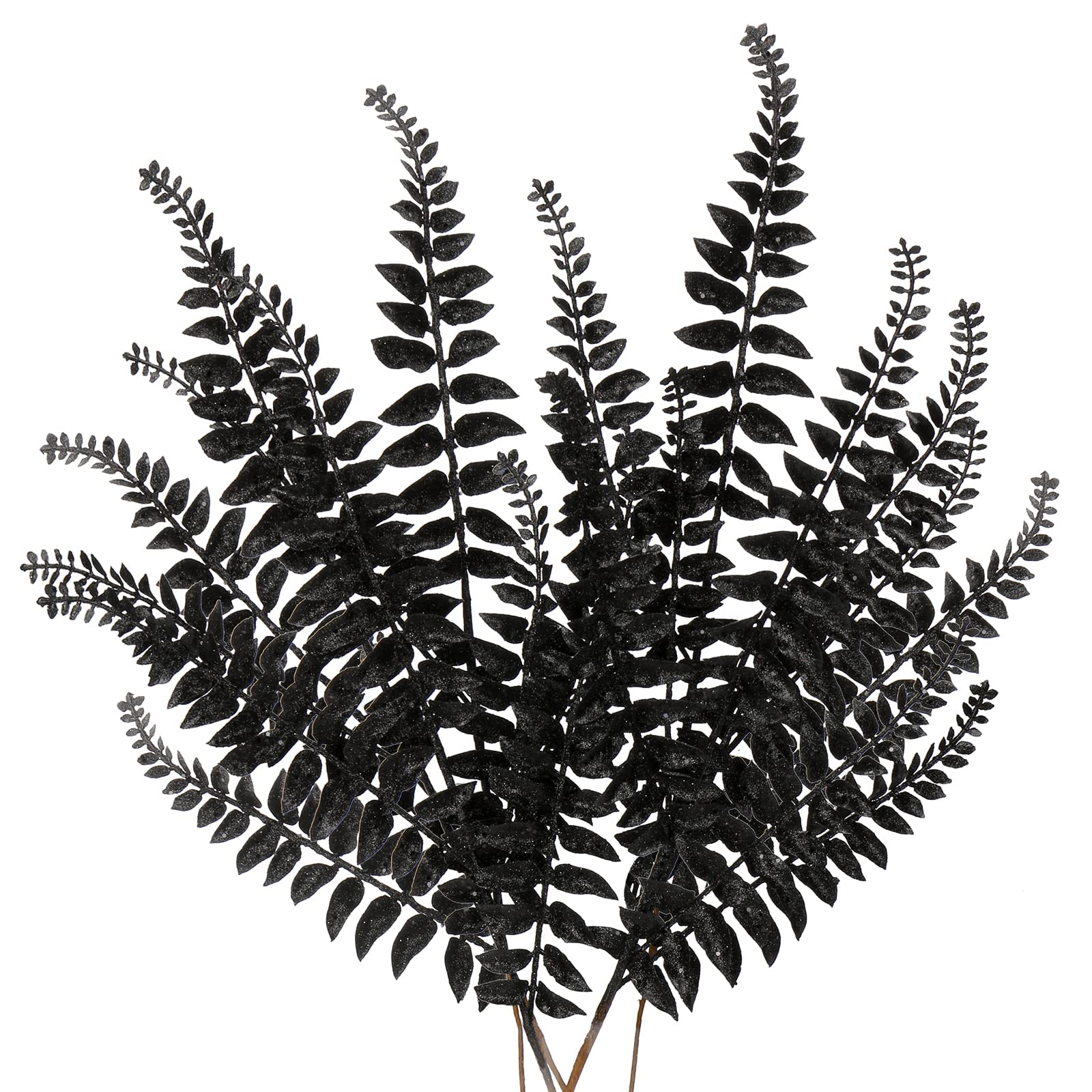 6PCS Christmas Glitter Leaves 63cm Artificial Boston Fern Black Glitter Leaf Floral Picks Christmas Tree Decorations Artificial Leaves Stem for Xmas Tree Ornaments Halloween New Year Flower Arrangment