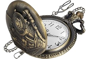 Realpoo Locomotive Bronze Pocket Watch for Men,Arabic Numerals White Dial Pocket Watches for Men, Men's Pocket Watch with Chain