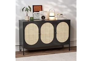 IKIFLY Accent Storage Cabinet with Handmade Natural Rattan Doors, Rattan Sideboard Buffet Cabinet, Kitchen Cupboard Server Console Table for Dining Room, Living Room, Hallway - Black, 3 Doors