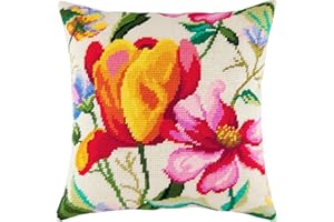 Brvsk Floral Needlepoint Kit for Adults and Beginners — Tulips in Watercolor 16″ × 16″ with Clear, Precise Printed Design on Cotton Canvas; Includes 2 Needles, Yarn, and Easy-Read Chart