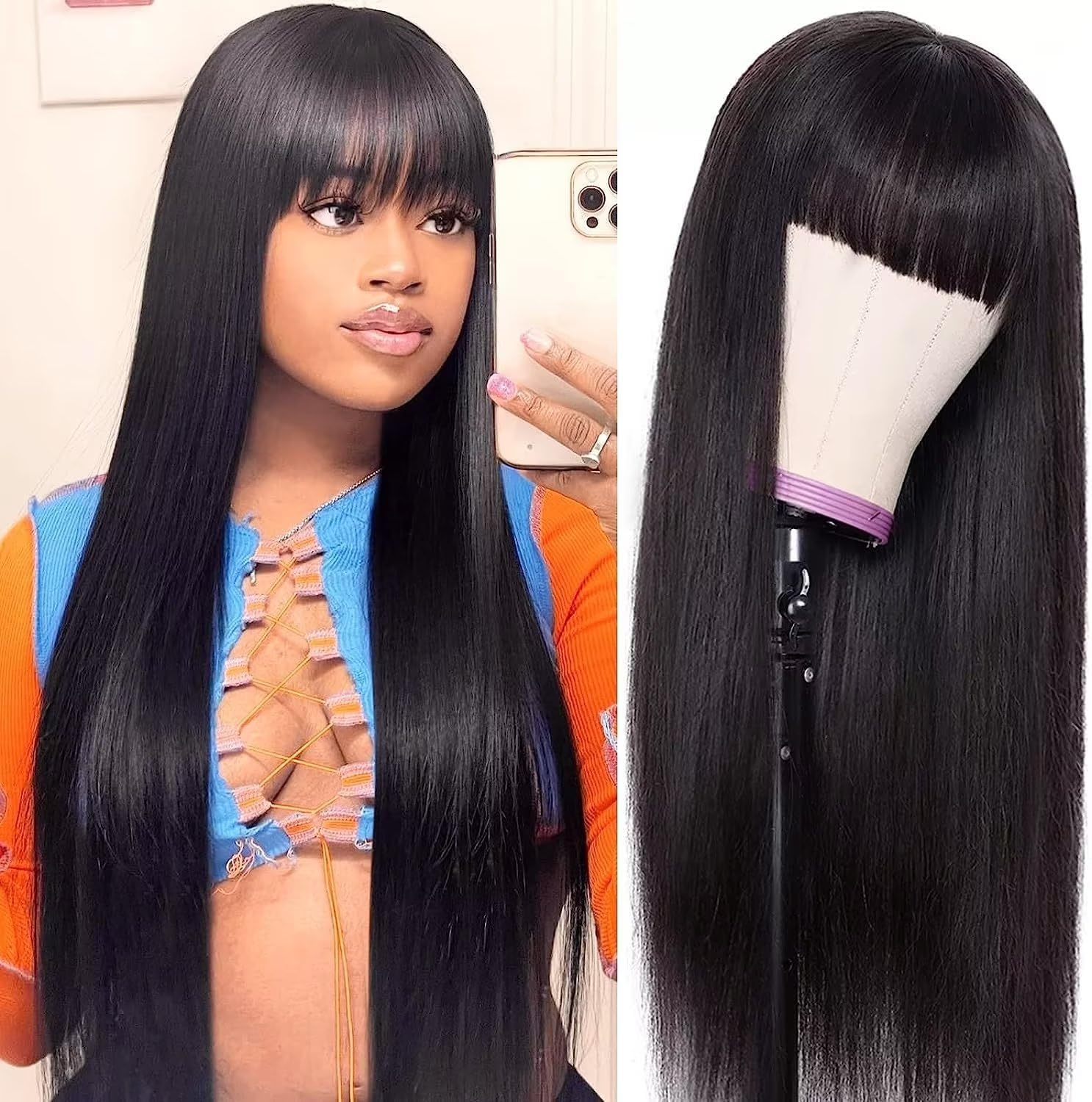 Straight Human Hair Wigs with Bangs 150% Density Straight Glueless Wig Human Hair Machine Made Brazilian Wigs for Black Women (16Inch, Straight)