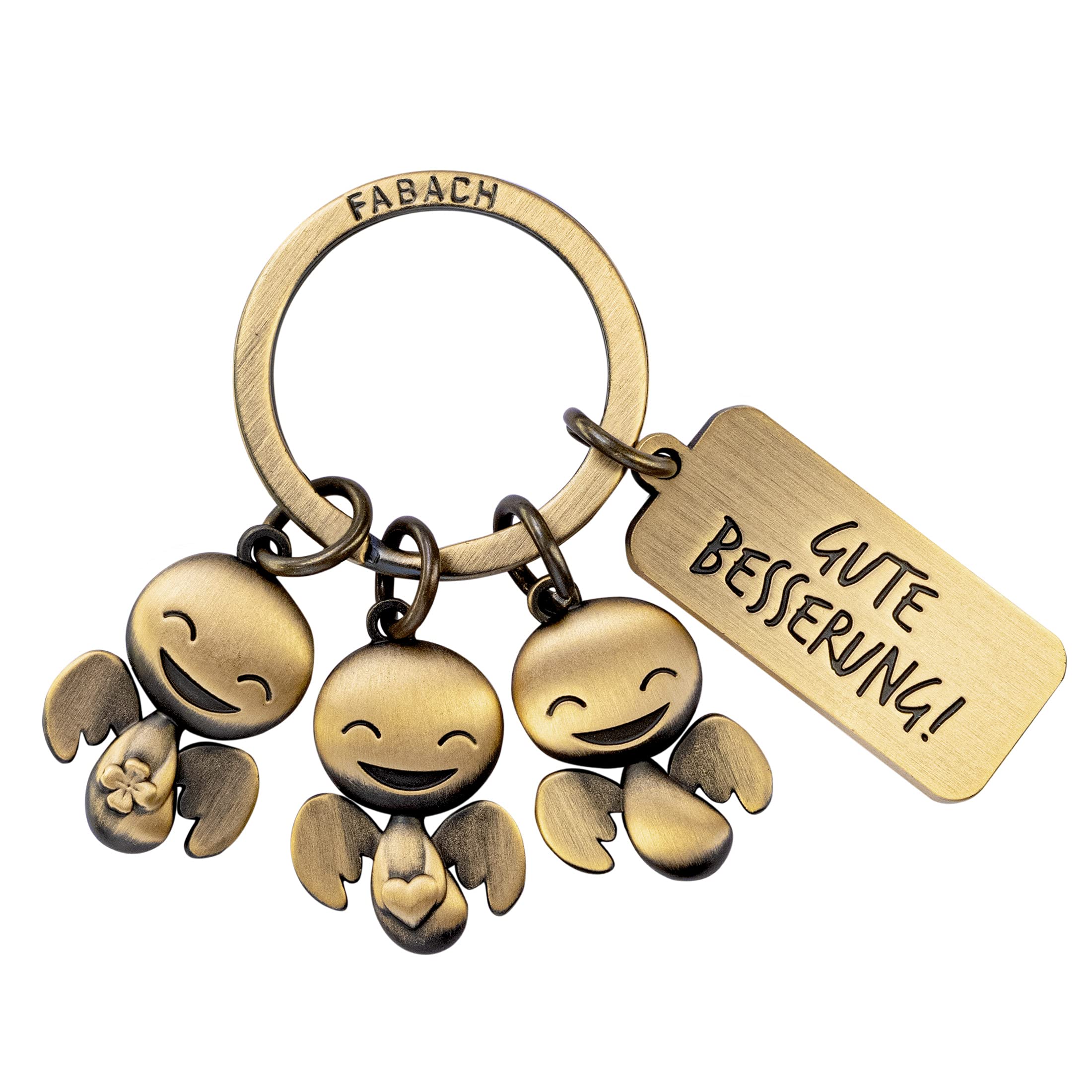 FABACH Guardian Angel Keyring Happy Trio with Engraving Gute Wellern - Get Well Soon Keyring Good Luck for Operation - Disease Gift Surgery Lucky Charm Hospital, Antique bronze, One Size