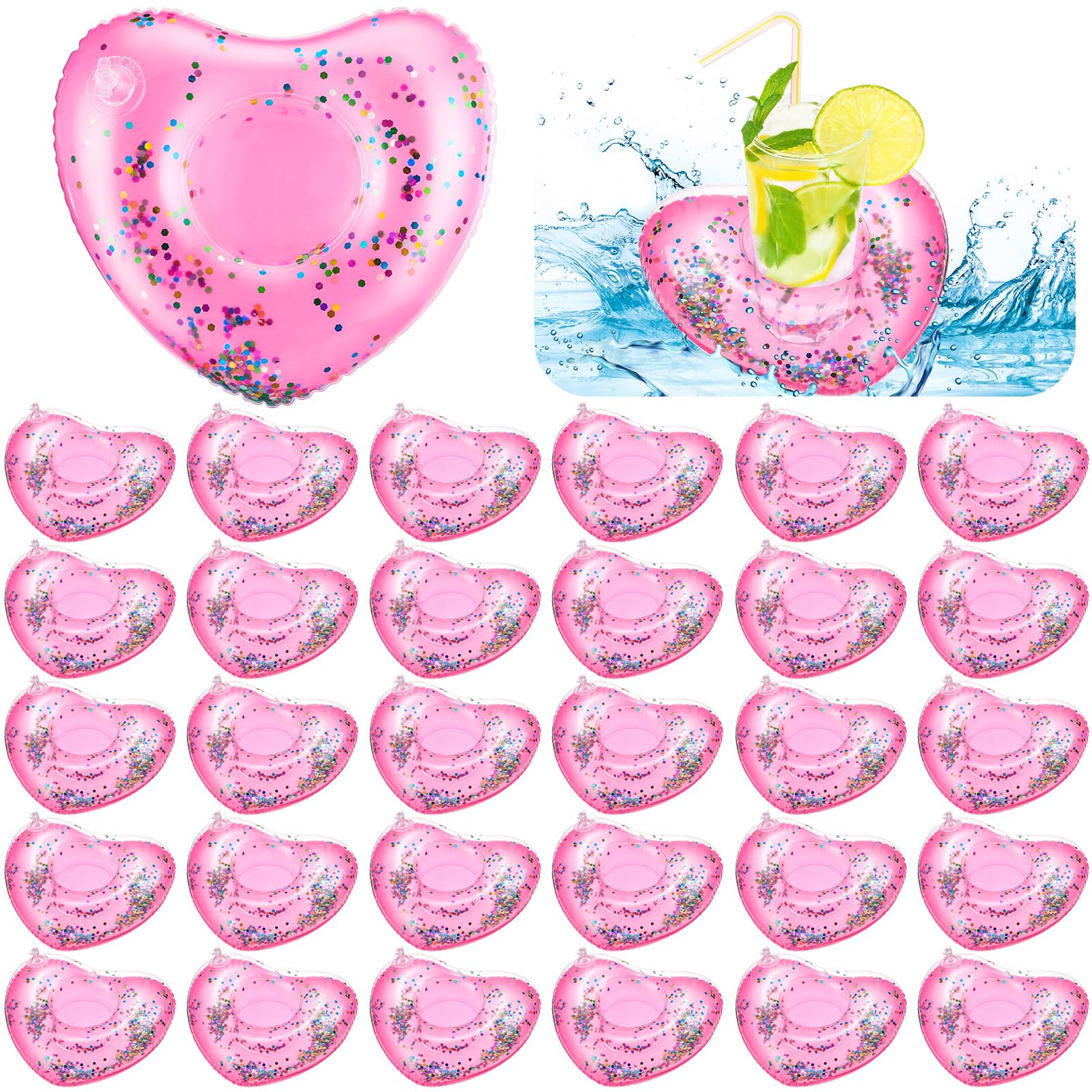 Photo 1 of Tioncy 40 Pack Inflatable Drink Holder Floaties Pool Floats Heart Shaped Cup Holders Decorations Accessories for Summer Ring Swimming Pool Bar Bachelorette Adult Water Beach Party(Pink)