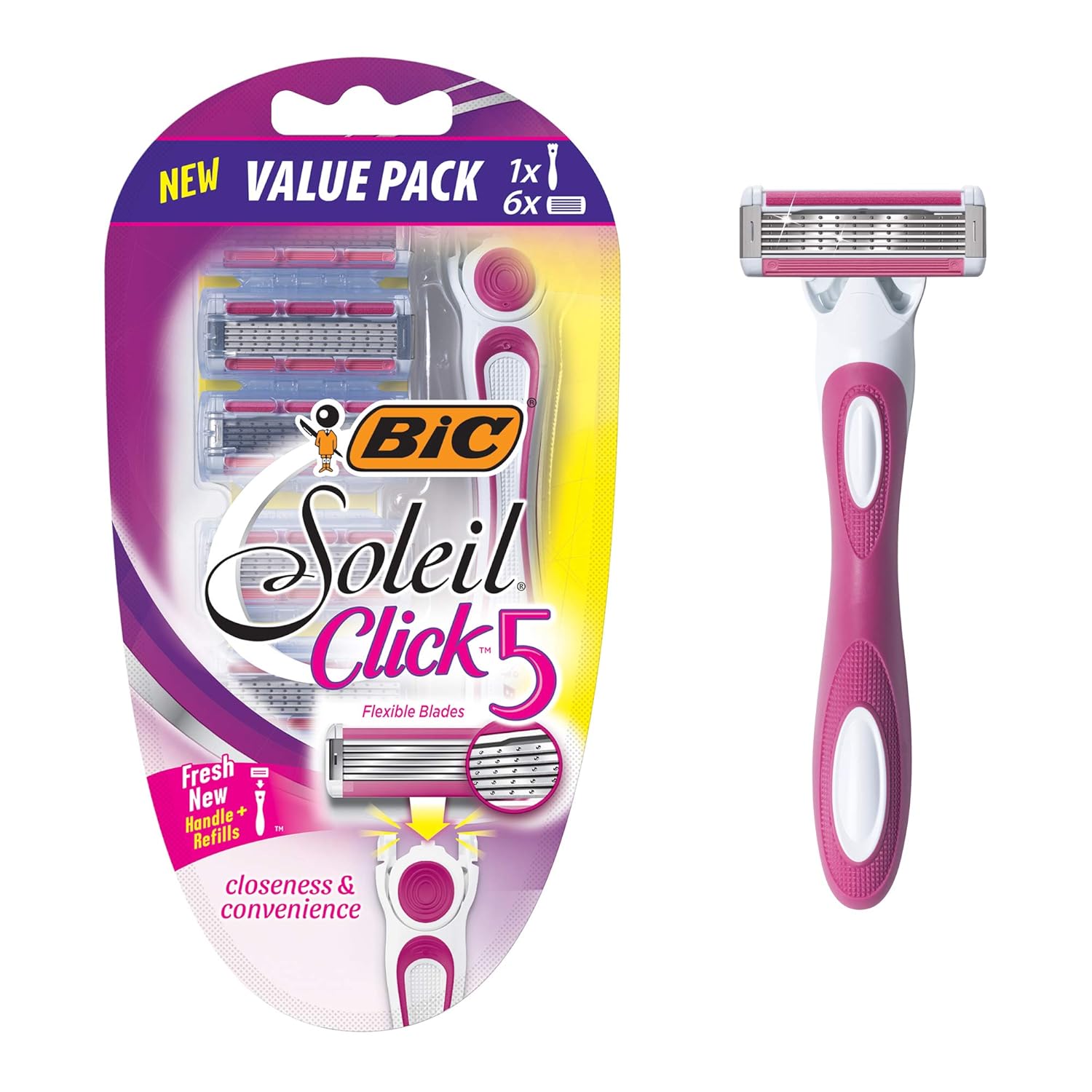 BIC Soleil Click 5 Women's 5-Blade Disposable Razor, 1 Handle and 6 Cartridges