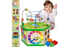 DUCHONG Wooden Activity Cube for 12-18 Month, 1 Year old Boys & Girls, 7-in-1 STEM Montessori Early Developmental Learning Toys for Kids Aged 1-2, Ideal 1st Birthday Gift Toys for Baby, Toddlers (Pink)