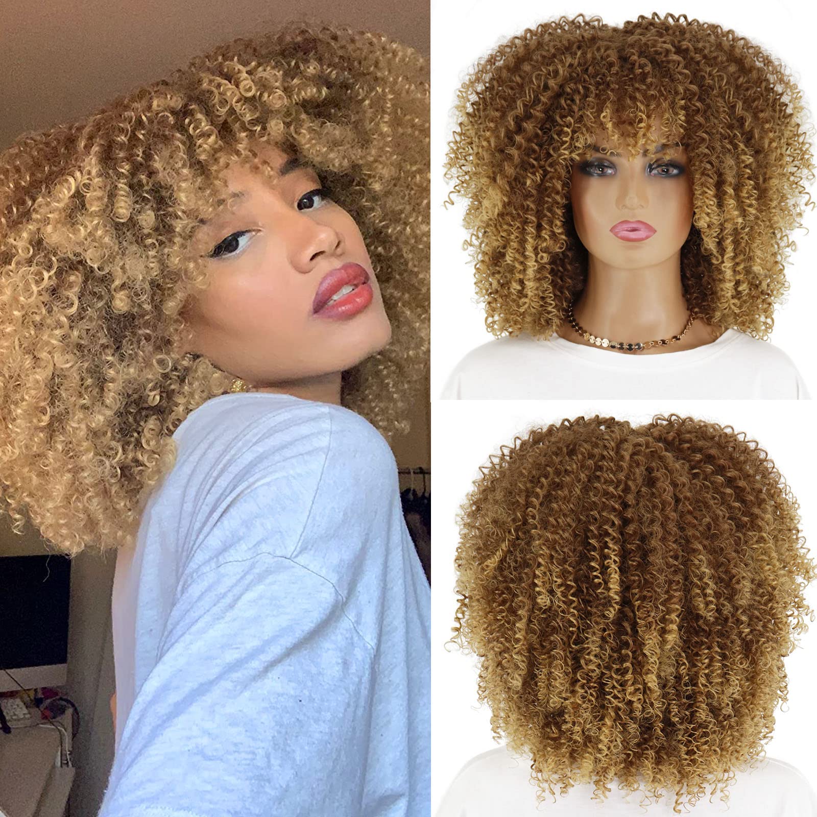 Photo 1 of LINGHANG Afro Wigs for Black Women, Kinky Curly Blonde Wig With Bangs, Synthetic Heat Resistant Fiber Afro Wig for Daily Use