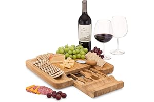 Bamboo Cheese Board Charcuterie Board Set with Cutlery - Slide-Out Drawer Includes 4 Stainless Steel Serving Utensils - Servi
