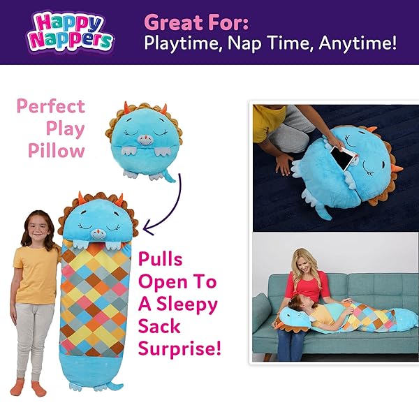 HAPPY NAPPERS PILLOW & SLEEPY SACK- COMFY, COZY, COMPACT, SUPER SOFT, WARM, ALL SEASON, SLEEPING BAG WITH PILLOW- MEDIUM 54” X 20”, TRICERATOPS