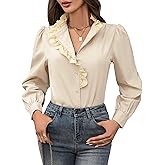 LOOKBOHO Women's Spring Shirts 2026 Long Sleeve Ruffle Collar Button Down Tops Dressy Casual Elegant Solid Retro Blouse