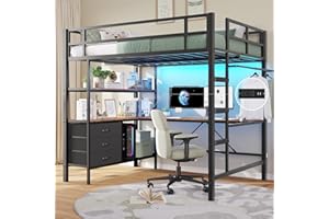 DICTAC Loft Bed Full Size with L-Shaped Desk and Charging Station Metal Full Size Loft Bed with LED Lights,Storage Shelves and 3 Storage Drawers,Loft Beds for Teen/Adult with Safety Guard&Stairs,Black