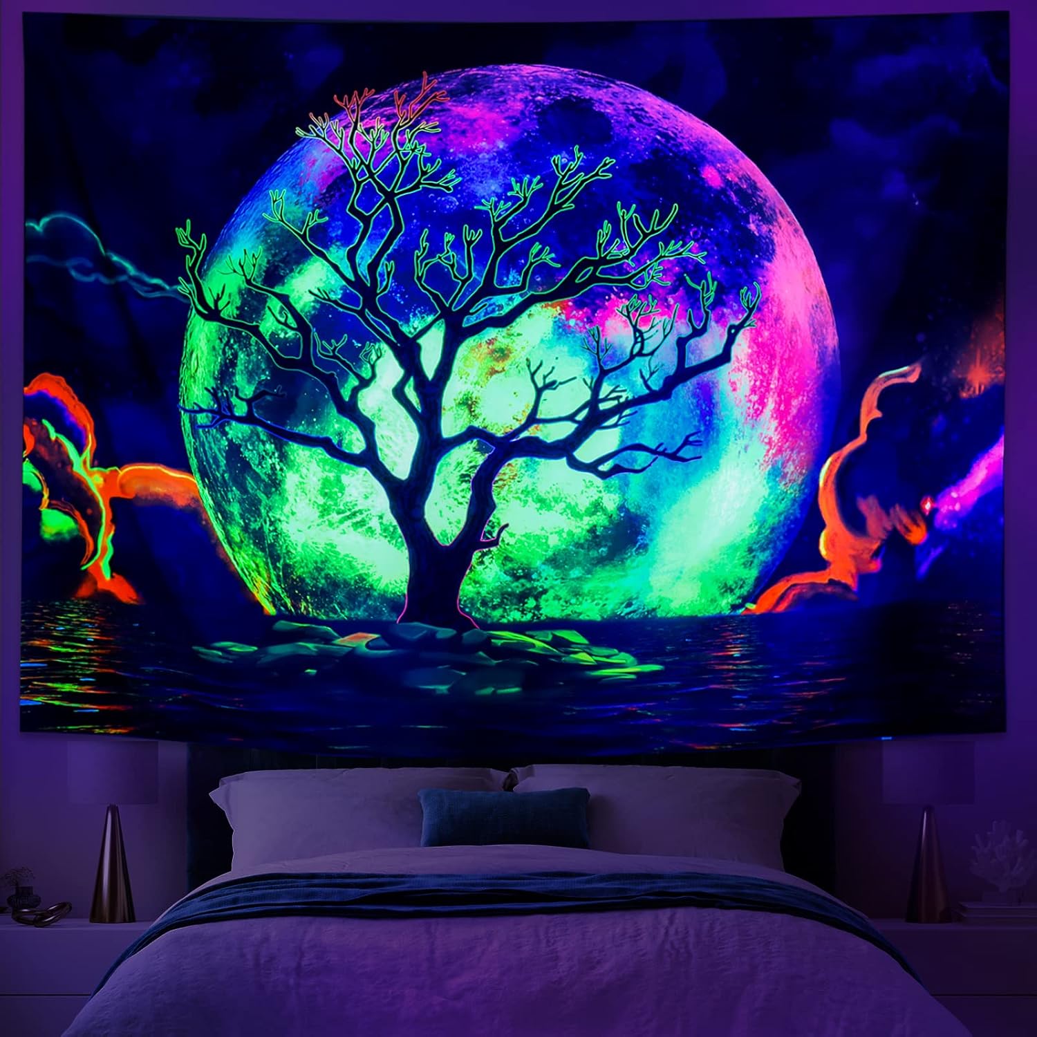 Tapestries - Generleo Blacklight Moon Tapestry Trippy Galaxy Clouds Tapestry Tree Tapestry UV Ocean Sea Wall Tapestry Colorful Starry Sky Tapestry Wall Hanging for Bedroom