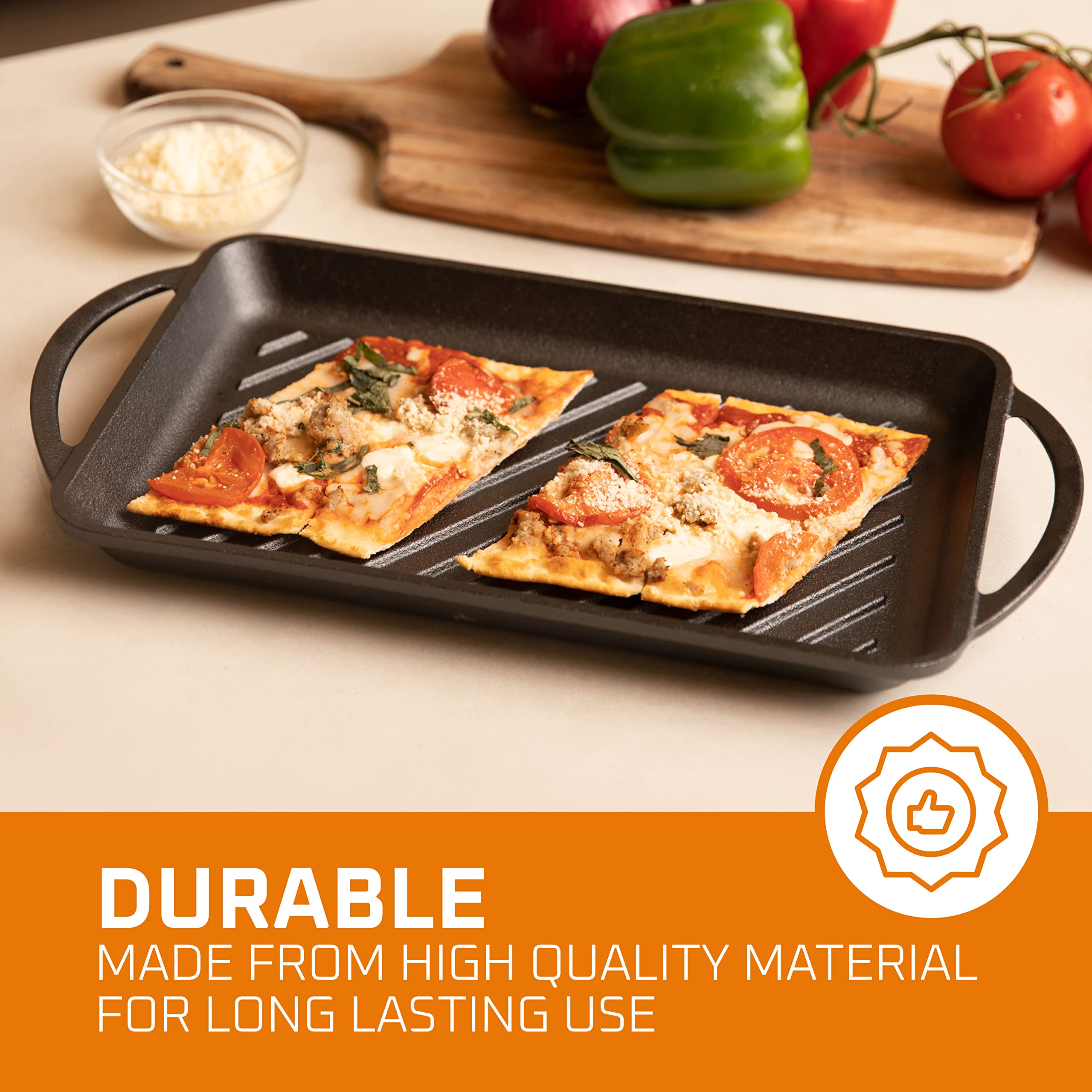 Bruntmor Rectangular Cast-Iron Grill Pan - Non-Stick Pan for Stovetop with Raised Lines for Perfect Seared Lines on Steak, Fish and BBQ - Chip Resistant - Loop Handles, Black