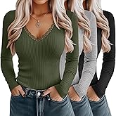 Velvelhall 3 Pack Women's Cotton Long Sleeve Shirts, Ribbed Knit Deep V Neck T-Shirts Lace Sexy Tight Tees Slim Fit Tops