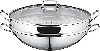 WMF Party Wok-Set 4-teilig, Wokpfanne mit Deckel, 36 cm, Dämpfer 4,5l, Ablagegitter, Dämpfereinsatz Cromargan Edelstahl poliert, unbeschichtet, Induktion