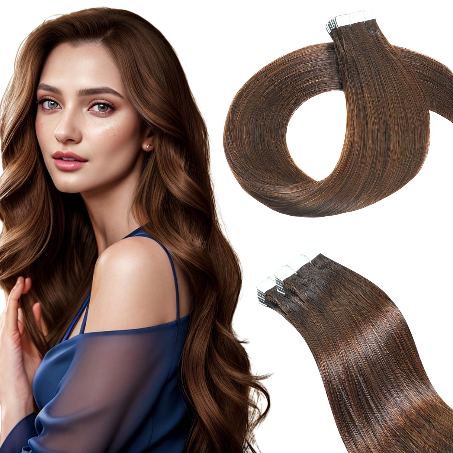 Qingliang Tape in Hair Extensions Human Hair 24 Inch Invisible Tape in Hair Extensions Human Hair Darkest Brown Hair Extensions Tape in 20 Pcs 50g
