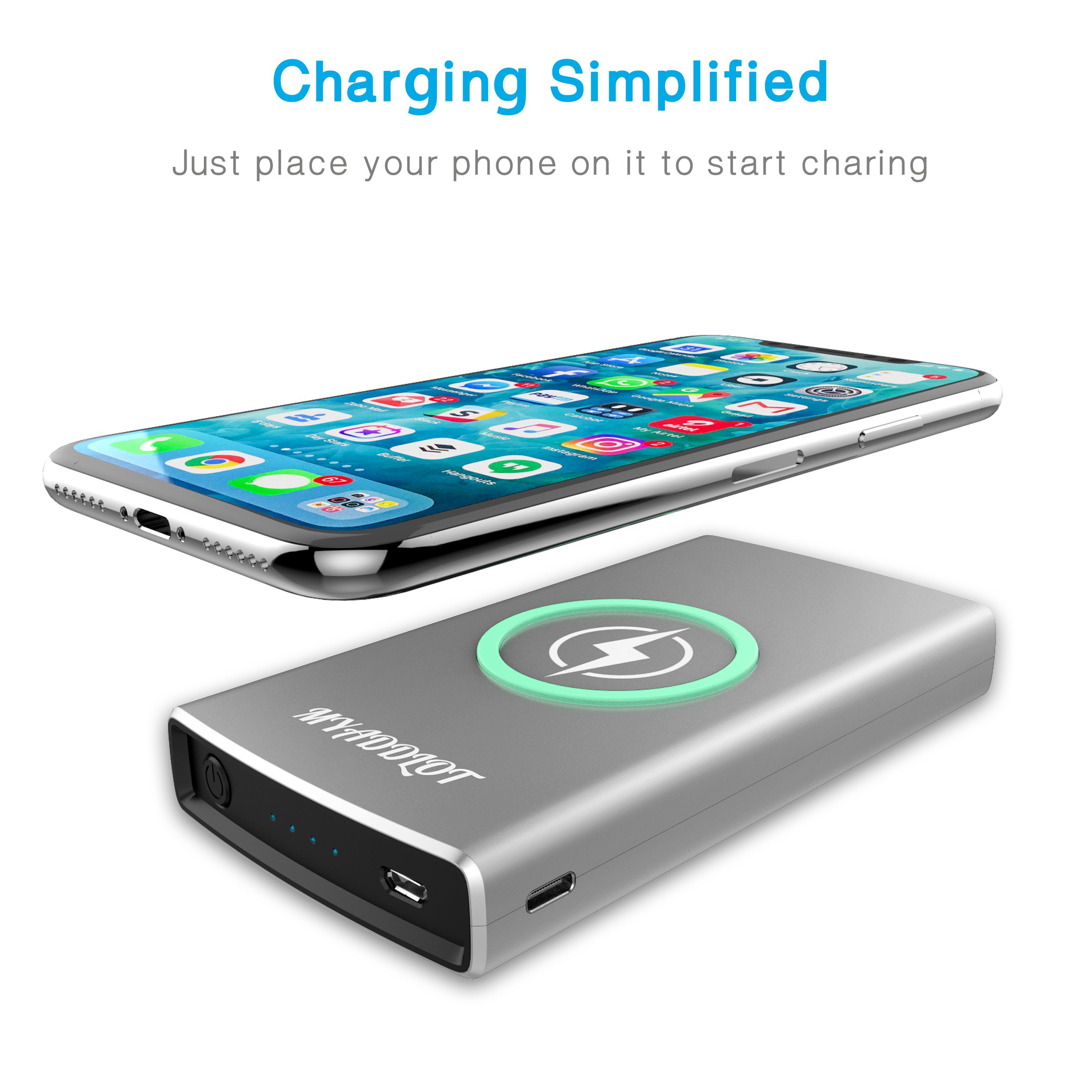 Wireless Charger Power Bank REAL 10000mAh External Battery Wireless Charging Station for iPhone X / 8 / 8 Plus Galaxy S9 / S9+ / S8 / S7 / Note 8 and Other Qi-Enabled Phones by Myaddlot(Sliver)