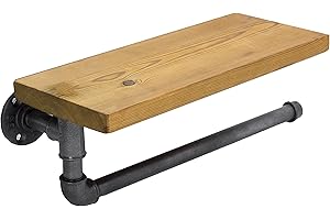 Y-Nut Industrial Vintage Paper Towel Holder Gordon with Shelf Spice Rack TPD-004, Steampunk Loft Style Wall Mount Kitchen Laundary Room Organizer, Wood Metal Water Pipe