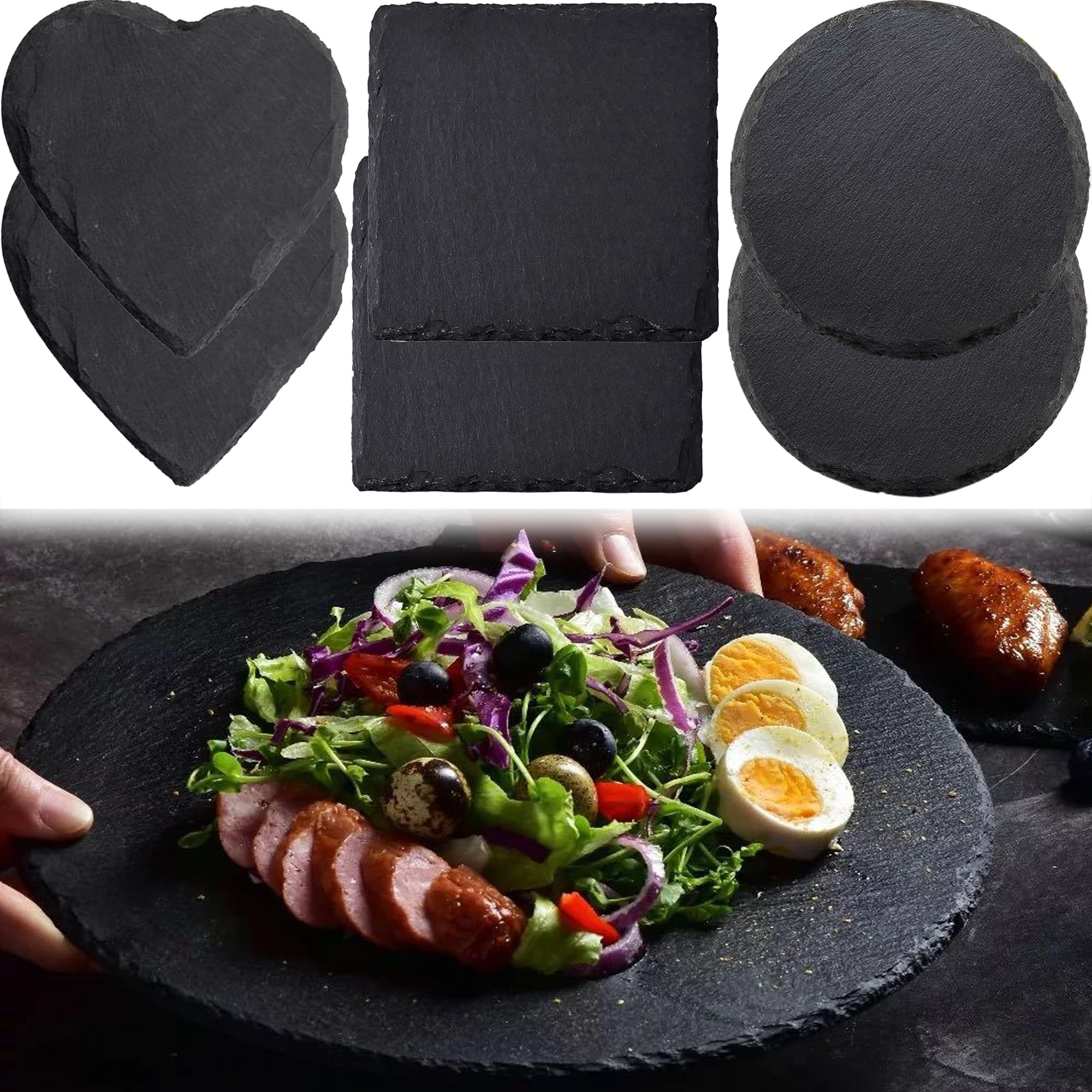 SQAQS 6PCS Serving Plates Set, Love, Square, Circular, Slate Cheese Board, Mini Platters, Black Charcuterie Boards Stone Plate Tray, Natural Slate Placemats for Dinner Parties (15 * 15cm)