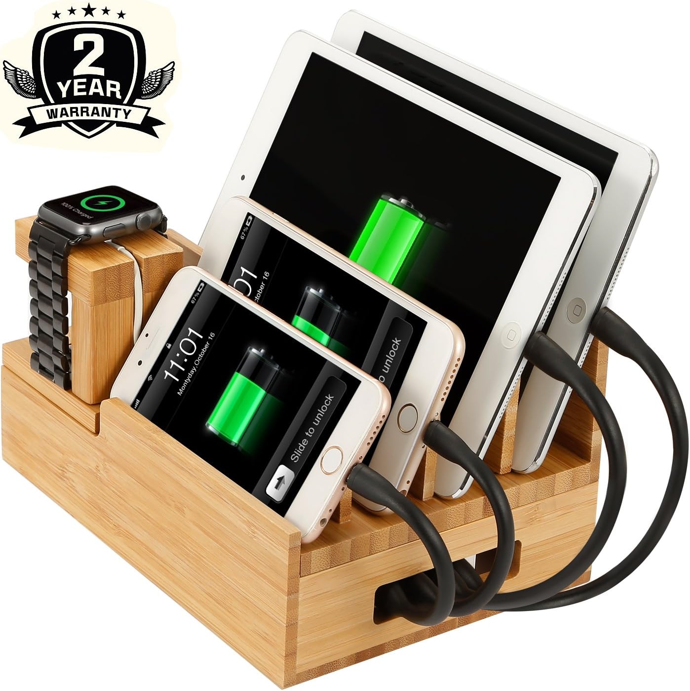 Bamboo Charging Station & Multi Device Organizer, Large Capacity Desktop Cord Organizer Dock Compatible with Smartphones iPhone iPad and Tablets-Durable and Eco-Friendly (Nature Bamboo)