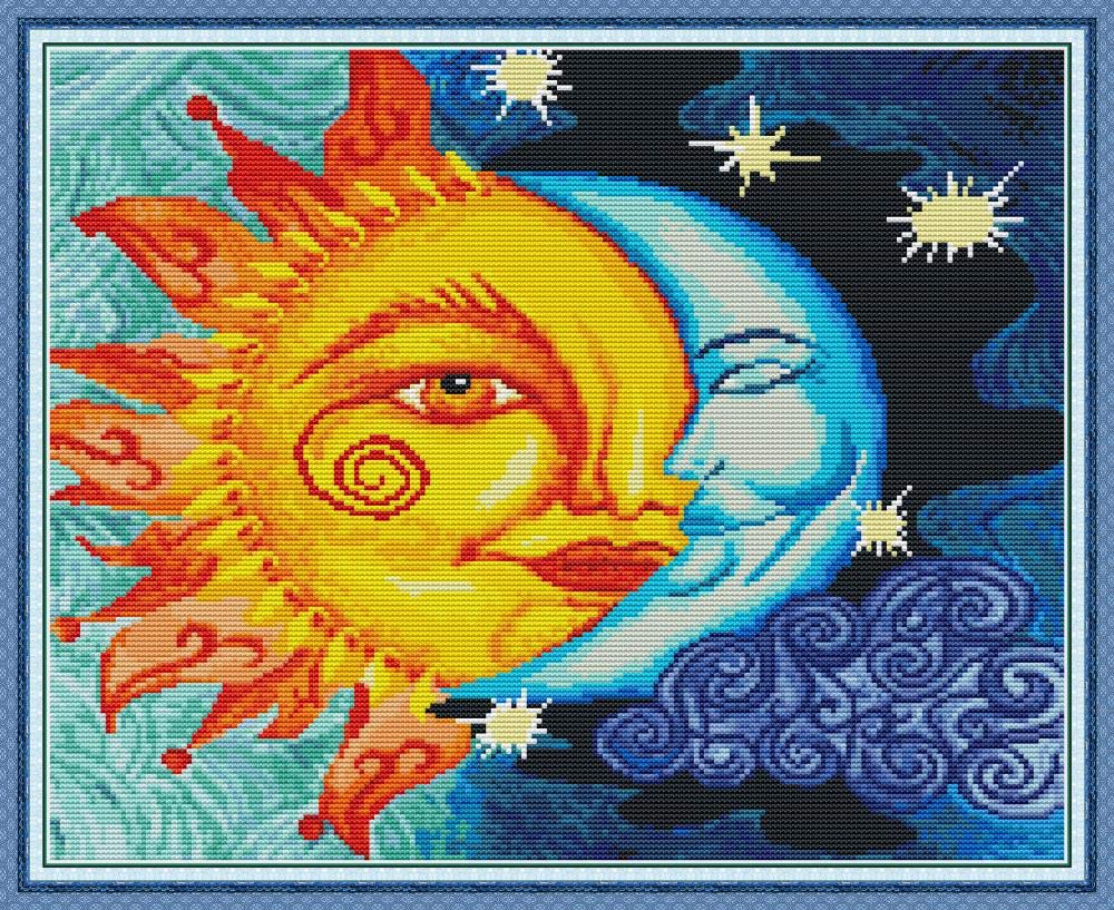 YEESAM ART Cross Stitch Kits Stamped for Adults Beginner Kids, Sun and Moon Abstract 11CT 56×46cm DIY Embroidery Needlework Kit with Patterns Needlepoint Christmas (Sun)