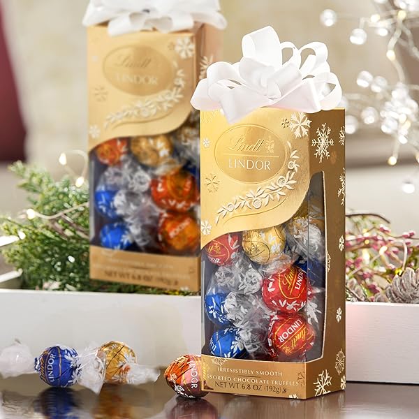 LINDT LINDOR ASSORTED CHOCOLATE CANDY TRUFFLES TRADITIONS GIFT BOX, ASSORTED CHOCOLATE WITH SMOOTH, MELTING TRUFFLE CENTER, 6.8 OZ.
