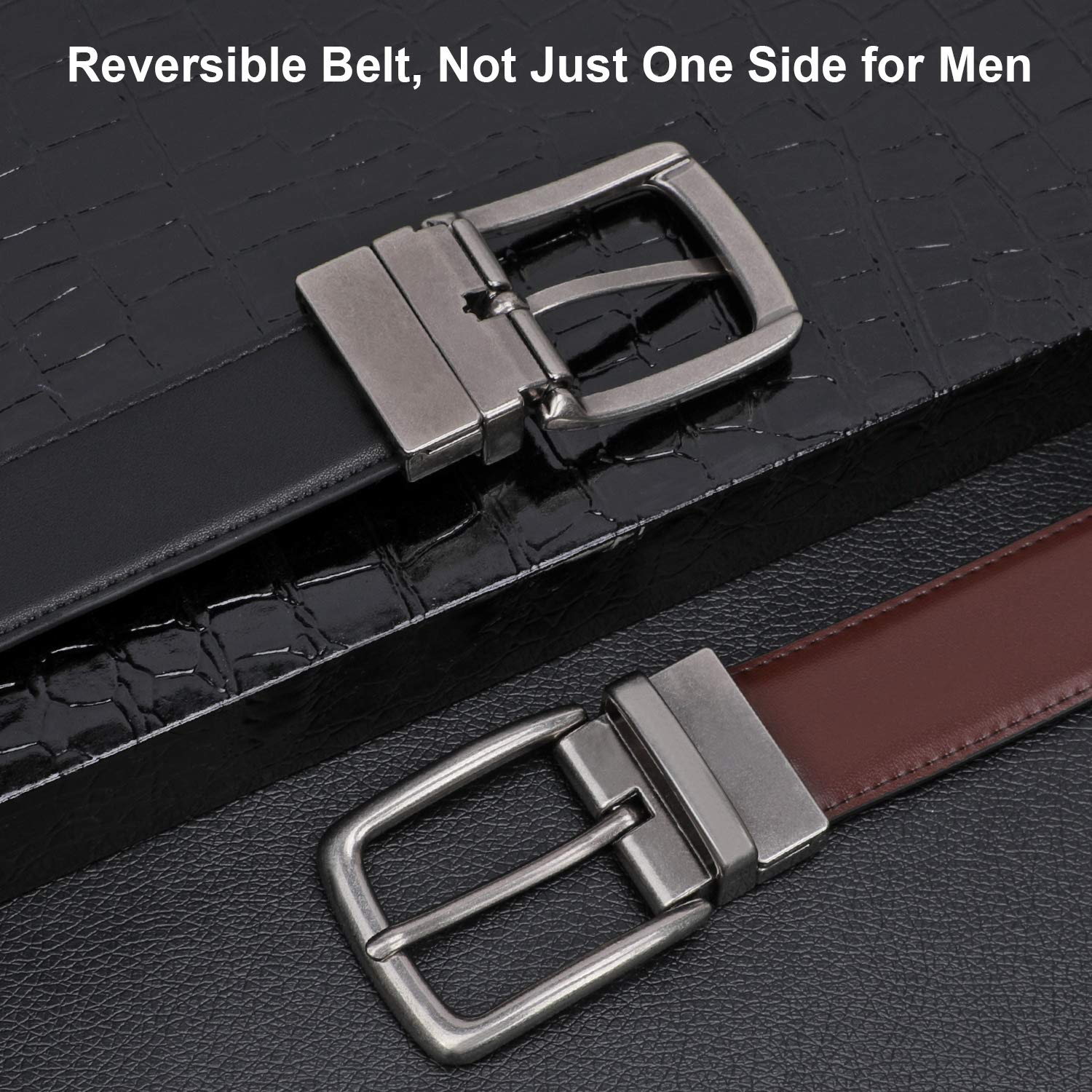Reversible Leather Belt Casual Dress Belt with Rotated Buckle and Double Sided Strap, Fashion Jeans Belt for Men with Gift Packed