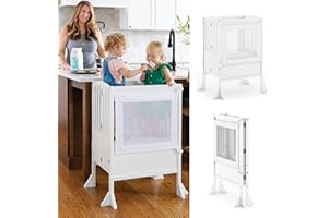 Guidecraft Contemporary Double Kitchen Helper® Stool - White: Extra-Wide Foldable Safety Tower for Two Toddlers; Adjustable Height, Wooden Counter Step Stool | Little Kids Learning Furniture