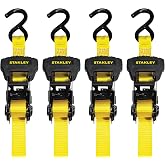Stanley S1006 Black/Yellow 1" x 14' Ratchet Tie Down Straps - Medium Cargo Hauling (3,000 lbs Break Strength), 4 Pack