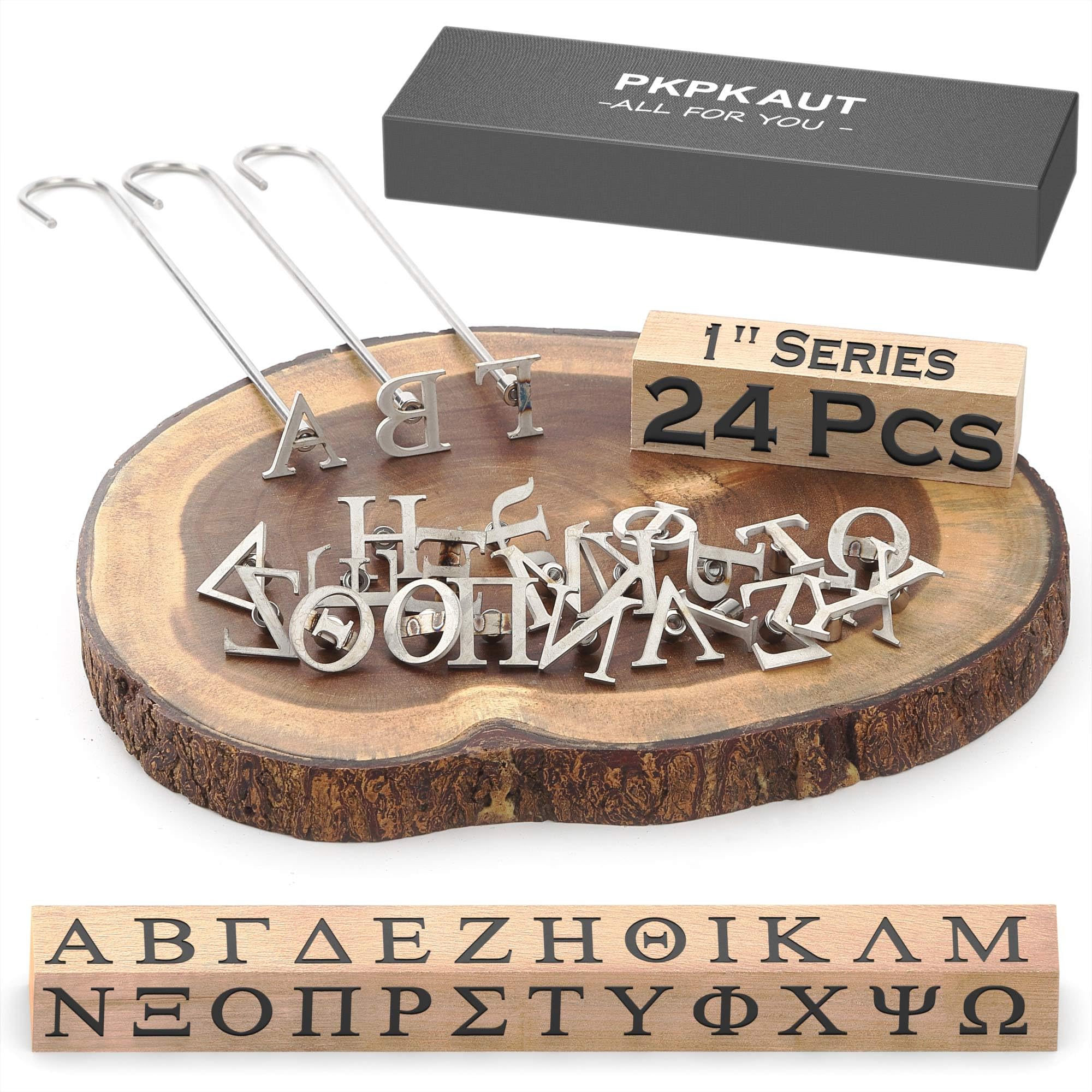 Photo 1 of PKPKAUT 24Pcs Mini 1" Branding Irons, Greek Alphabet Custom Wood Branding Iron Personalized for Wood Working, Leather Hats, Felt, Cowhide, BBQ Brander & Bread Logo, Steak Branding Iron for Food