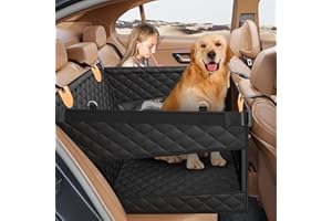 PETICON Large Dog Car Seat, Back Seat Extender for Dogs with 3 Mesh Windows, Waterproof Medium Carseat for Dogs with 4-Splice Hard Bottom, Pet Seat Cover for Cars, Trucks and SUVs (Black)