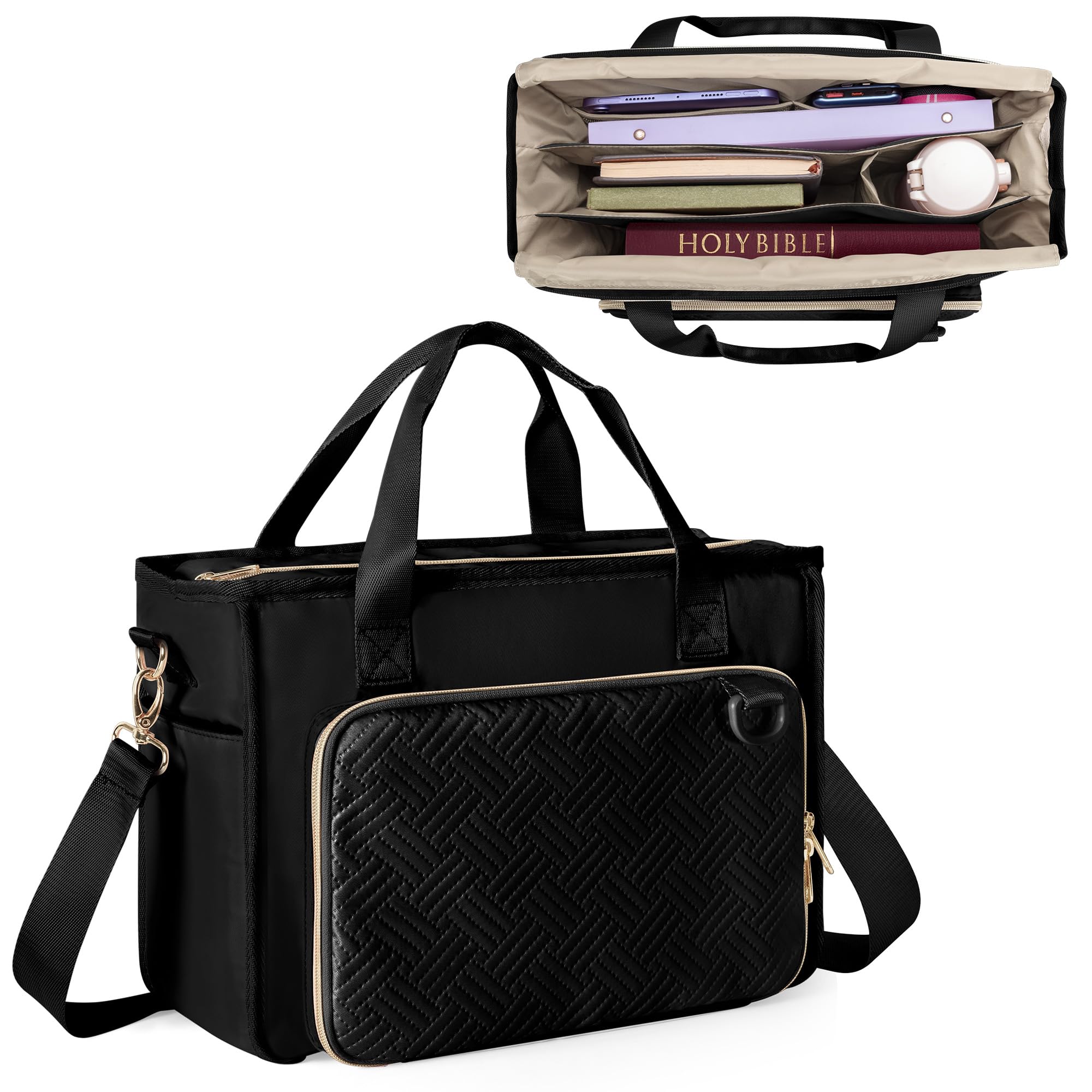 Prokva Bible Cover Bag with 2 Side Pockets, Large Carrying Tote for Bible, Womens Church Bag with Shoulder Strap for Studying Christian, Black