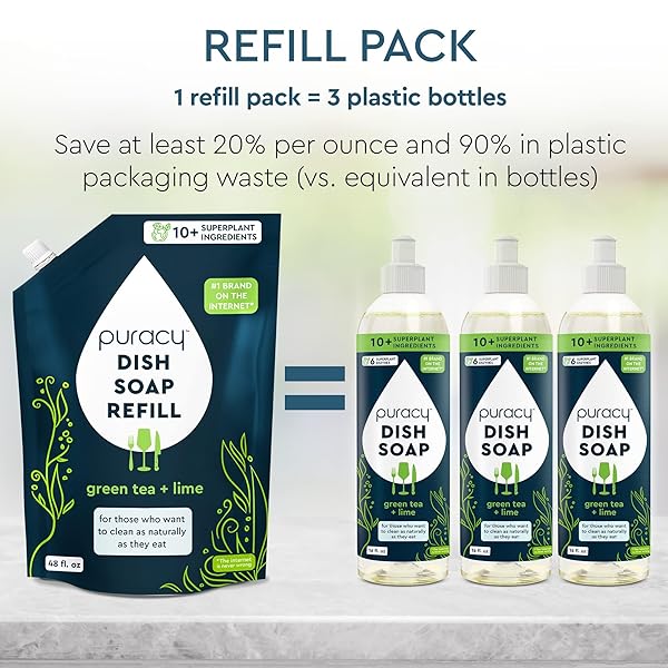 PURACY NATURAL DISH SOAP REFILL, SKIN-SOFTENING PLANT-BASED LIQUID DISHWASHING DETERGENT SOAP, CLEAN-RINSING WATER-SHEETING FORMULA, (GREEN TEA AND LIME 48 OZ)