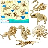 LRIGYEH 3D Wooden Animals Puzzles for Kids Wood Building Kits Including Elephant, Peacock, Swan, Squirrel, Crocodile and Lion
