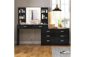 FIONESO Vanity Makeup Desk with LED Light Mirror & Power Outlet, 8 Drawers, 6 Storage Shelves, 3 Color Modes & Adjustable Brightness Dressing Table, Corner Vanity, L Shape Change, 39.4”Desk, Black