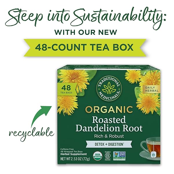 TRADITIONAL MEDICINALS TEA, ORGANIC ROASTED DANDELION ROOT, SUPPORTS KIDNEY FUNCTION & HEALTHY DIGESTION, 48 TEA BAGS