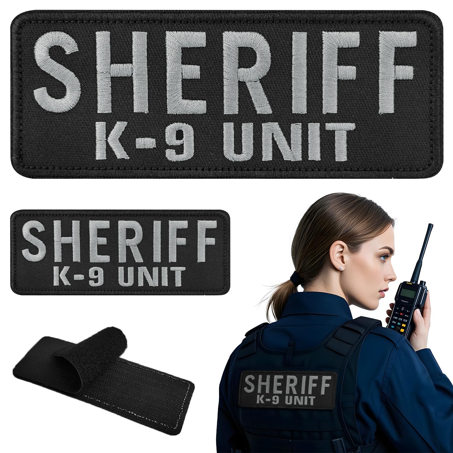 Photo 1 of 2 Pieces Sheriff K9 Patch, Hook and Loop Sheriff Embroidery Patch for Vest Uniforms Jacket Back Panel (One Large & One Small, Sheriff K9)