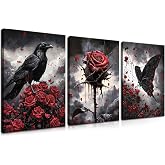 3 Piece Gothic Crow Canvas Wall Art Halloween Decor, Framed Dark Butterfly Aesthetic Pictures Prints, Goth Romantic Red Rose Wall Decor for Living Room Bedroom Halloween Decorations – 12x16in