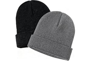 2Pcs Cuffed Beanies for Men Women, Unisex Classic Stretchy Plain Skull Knit Hat, Soft Warm Toque Acrylic Winter Hats