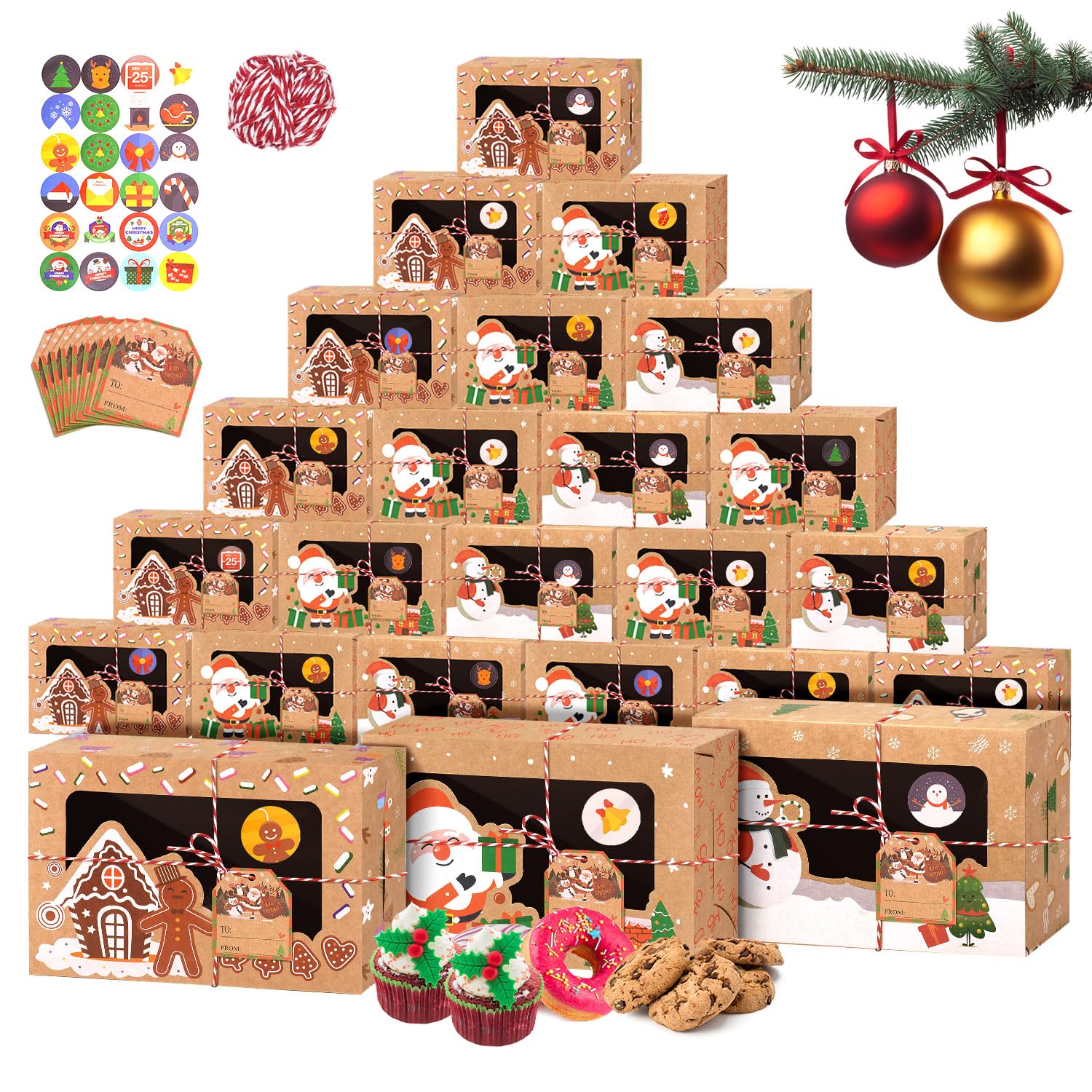 Photo 1 of 24 PCS Christmas Cookie Gift Box for Gift Giving, Xmas Holiday Treat Boxes Containers for Party Favor, Cupcake, Brownies, Donut Gift, Bakery Boxes with Window, Tags, Sticker, 8.75" x 5.9" x 2.75”