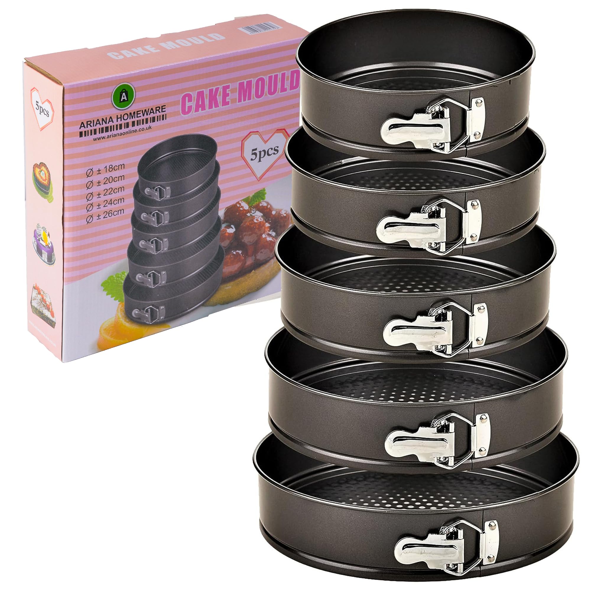 ARIANA HOMEWARE Set of 5 Round Cake Tins Springform with Removable Bottoms and Metal Handles Loose Base Baking Pan Tray Perfect for Cakes and Cheesecake – Sizes 18/20/22/24/26 CM — image 1