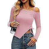 BESTPOEM Womens Off The Shoulder Tops Asymmetrical Neck Ruched Cropped Top Going Out Long Sleeve Slim Fit Tee Shirt