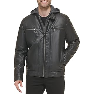 Calvin Klein Men's Faux Lamb Leather Moto Jacket with Removable Hood and Bib