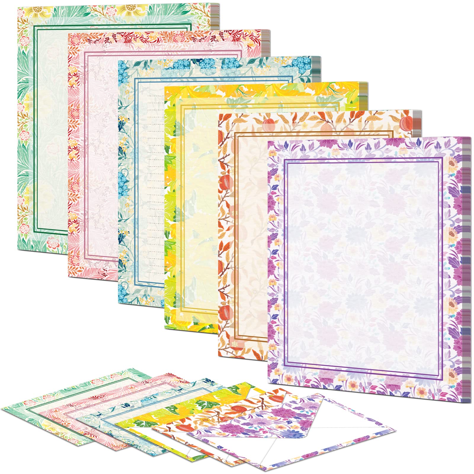 Anzon Mories Vintage Morris Stationery Paper (Double-Sides Lined) 48 Sheet and Envelopes 24 PC, Floral Writing Letter Stationary 6 Color, Printer Friendly, US Letter Size 11" x 8.5", College Ruled