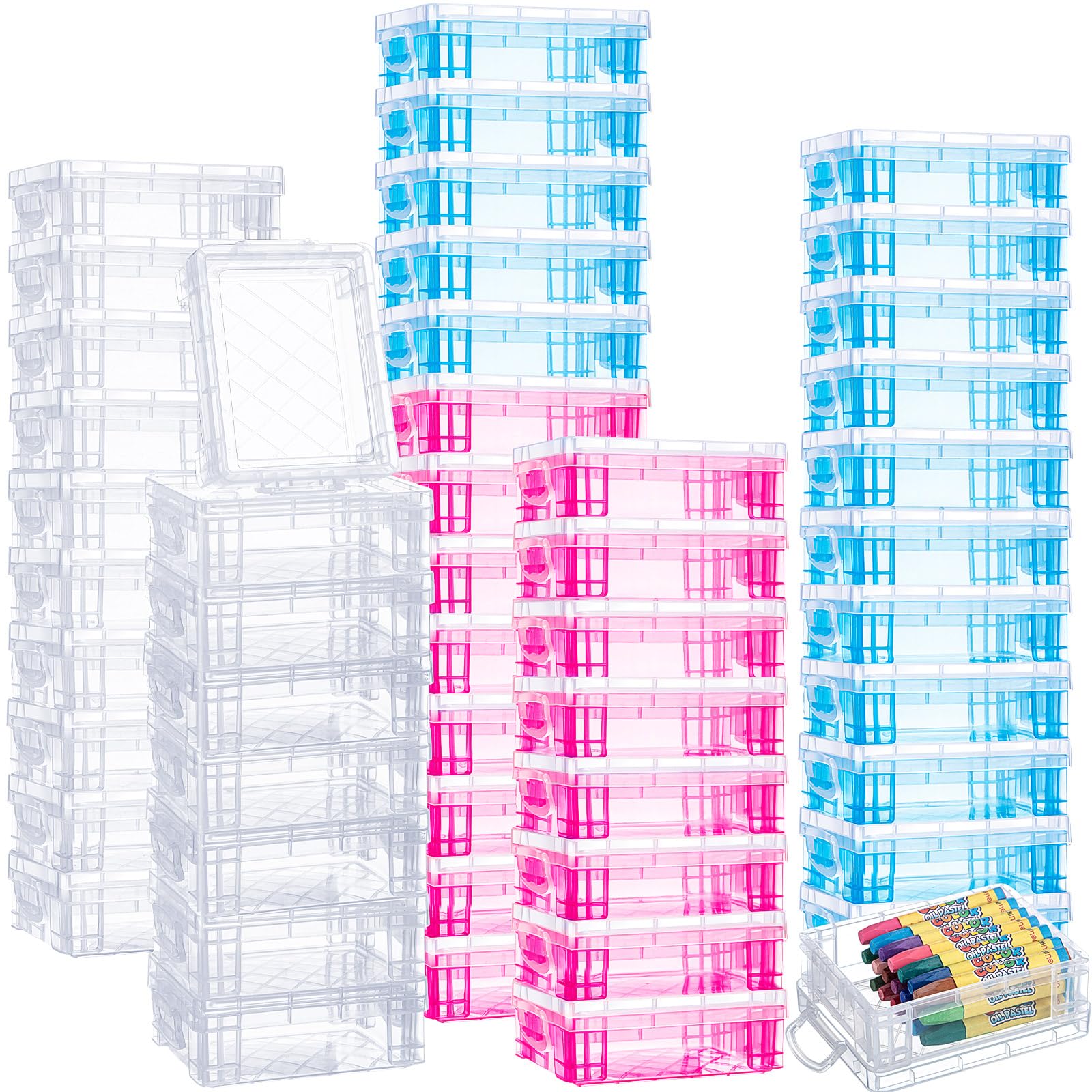 Photo 1 of Suzile 50 Pcs Plastic Crayon Box Stackable Crayon Organizer with Lid Crayon Storage Containers Bulk for Office School Classroom Supplies Pen Pencil Art Crafts (Clear,Red,Blue)