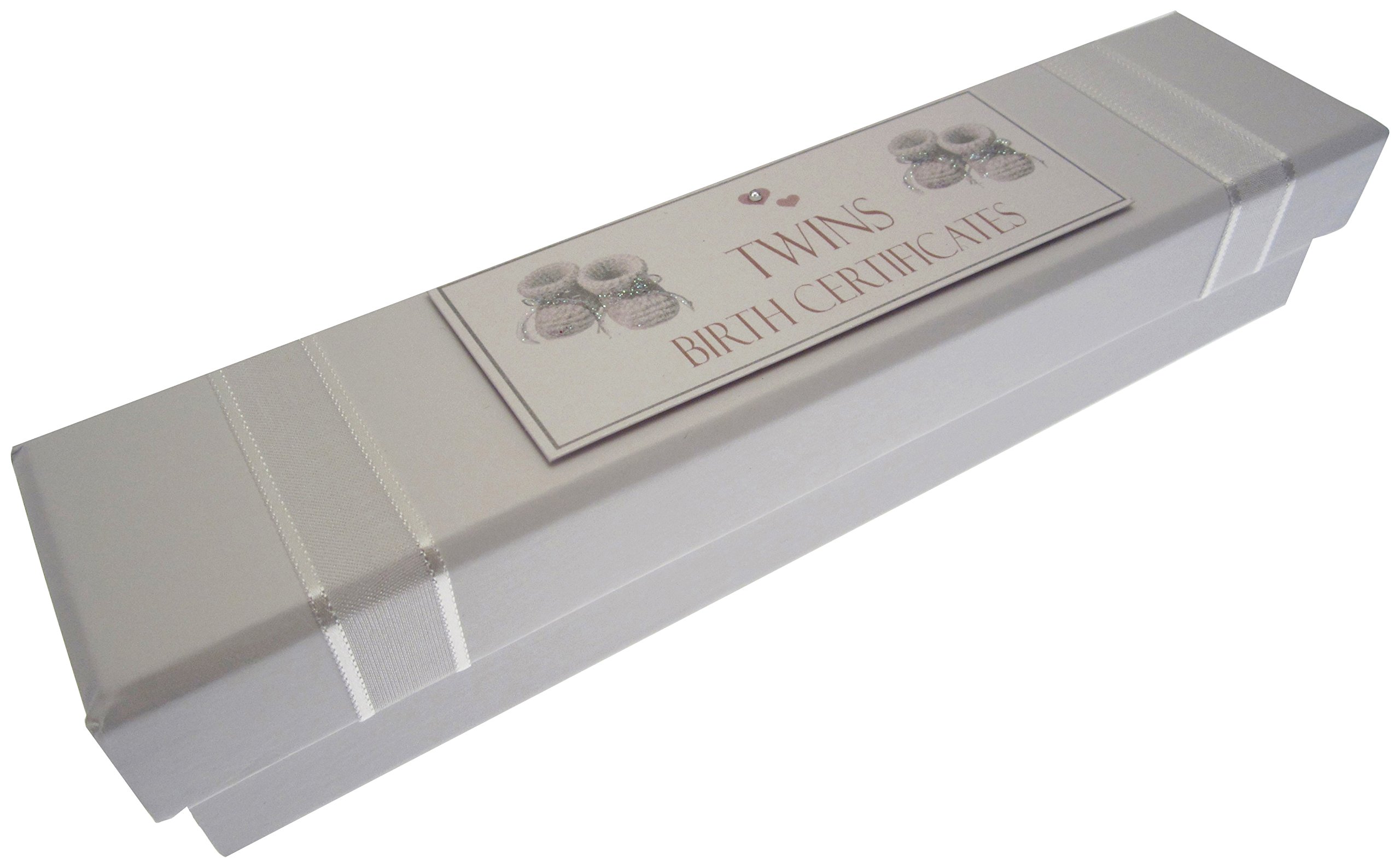 White Cotton Cards Twins Birth Certificate Holder (Silver Booties), BOST4