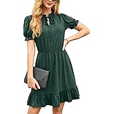 GRECERELLE Women Casual Summer Dress Tie Neck Ruffle Short Sleeve High Waist A-Line Mini Dress