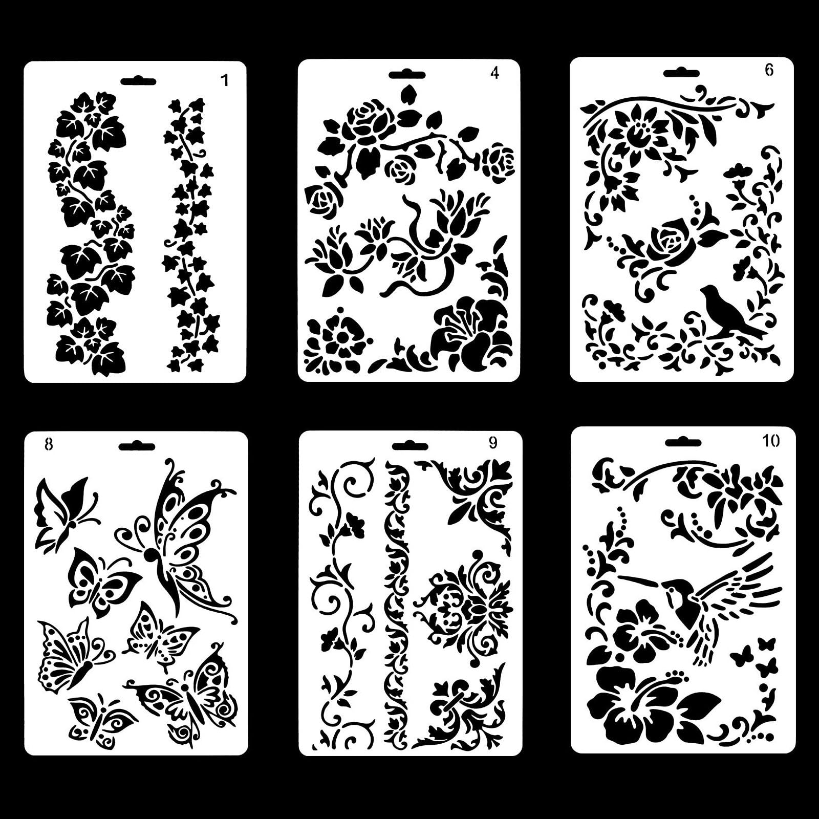 6Pcs Elegant Flower Hollow Out Stencils Spring Garden Plant Vine Drawing Templates Bird Butterfly Drawing Plants Floral Templates for Wood Canvas Crafts