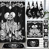 Fourluoo 18 Pcs Halloween Skeleton Love Curtain Set, Black White Bathroom | Gothic Skeleton Couple Theme, Non Slip Bath Rug, Skull Hooks Included, Halloween Decor, Matching Towels Curtain
